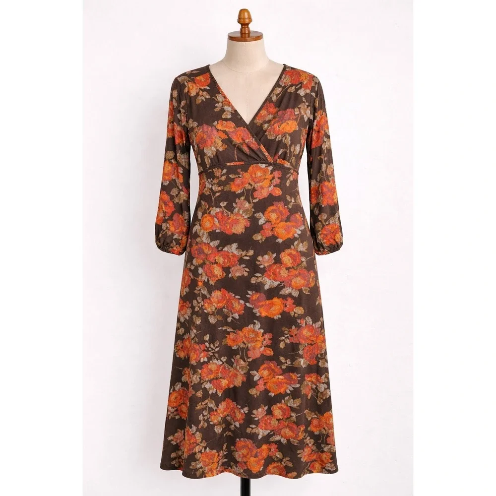J Jill Floral Faux Wrap Dress‎ Small Petite Brown Orange 3/4 Sleeve Midi Stretch